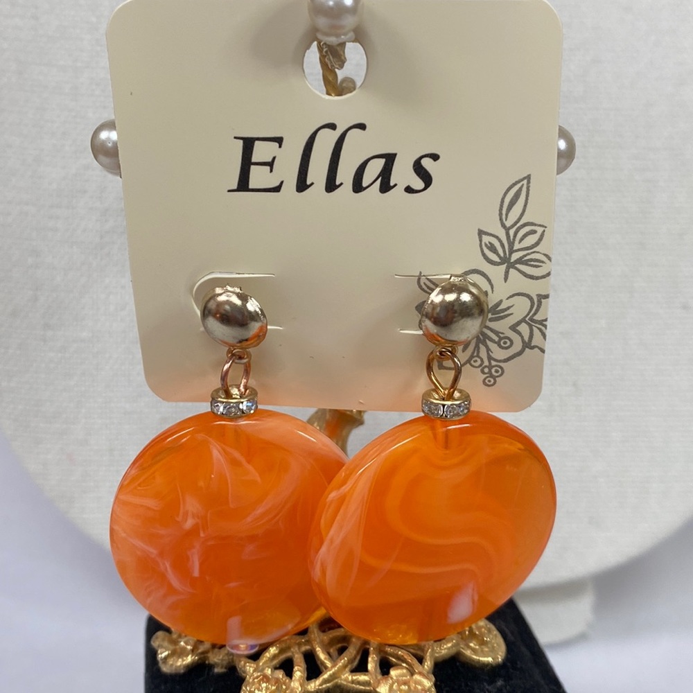 Large orange marbleized disc earrings rhinestones